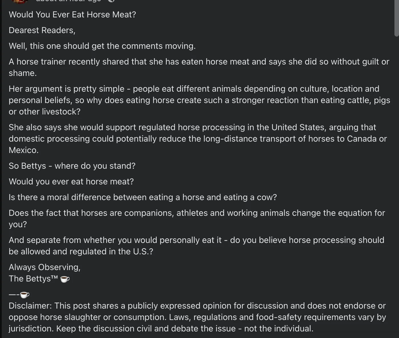 Facebook post asking whether regulated horse processing should return to the United States